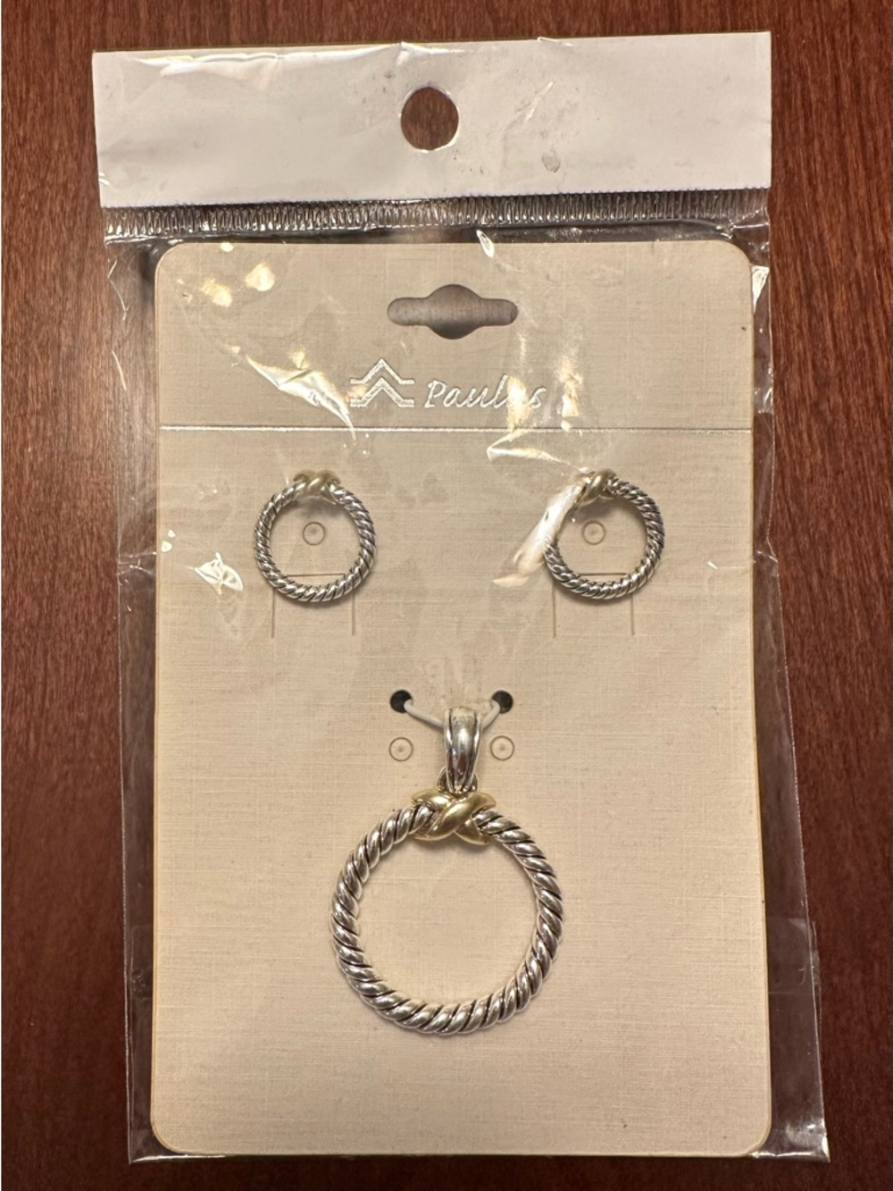 Two-Tone Rope Circle Earrings and Pendant Set - Silver with Gold Accent